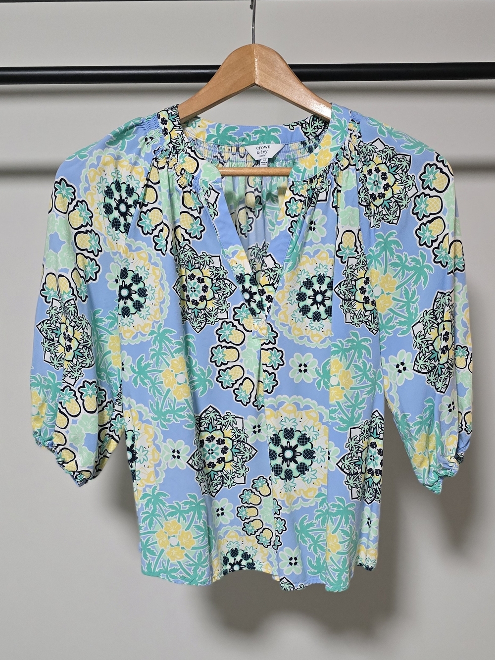 crown & ivy Blue Floral Print Peasant Top with Yellow Accents